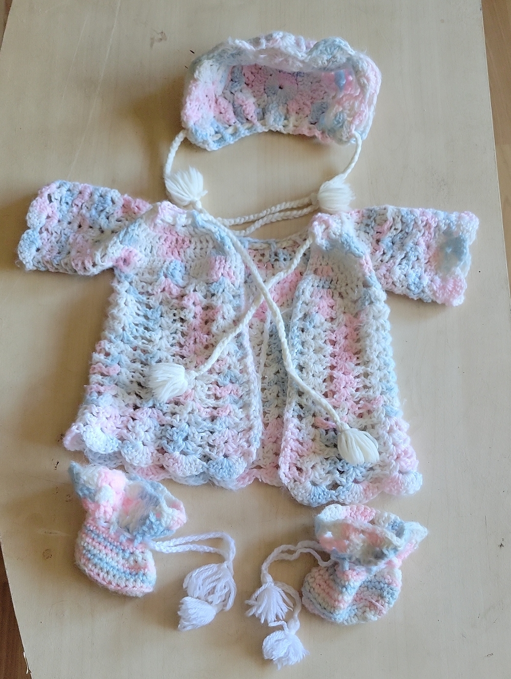 Handmade Crochet Baby Cardigan Set in Pastel Pink, Blue & White
